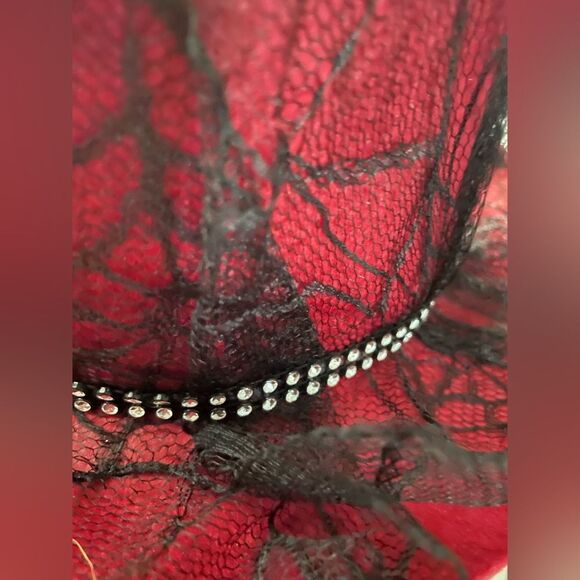 Steampunk Red Felt Hat Lace Spiderweb Veil   Feather Halloween - Picture 5 of 9
